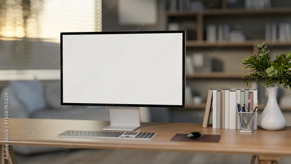 The white screen computer on the wooden table with books and decors in the bedroom or living room. The white screen computer on the wooden table with books and decors in the bedroom or living room.