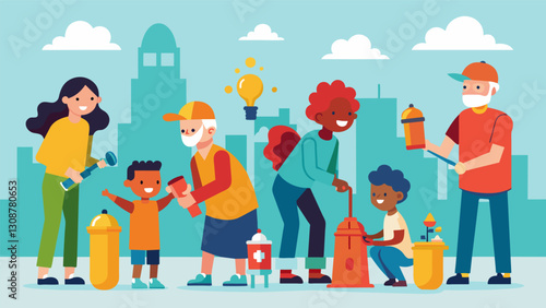Residents of all ages coming together to paint over rusty and chipped fire hydrants with bright new coats of paint.. Vector illustration