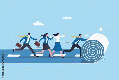 Leadership to lead team career path, business strategy development, effort or ambition to progress work success, motivation achievement, businessman rolling career path for team colleague to follow.