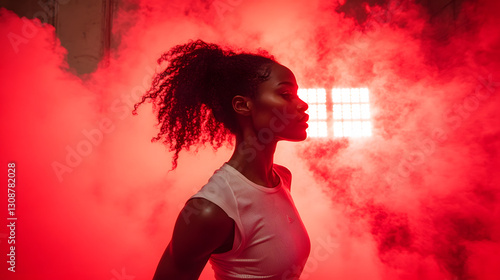 Dynamic Silhouette: An athletic woman poised against a dramatic red backdrop, emanating power and determination, enveloped in an atmosphere of smoke.