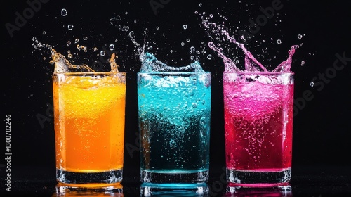 Vibrant Colored Beverages with Splashing Water Captured in Three Glasses Against Black Background