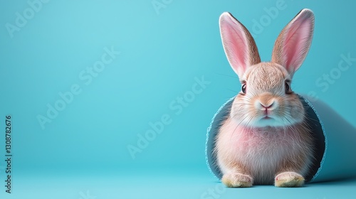 Easter party concept with an isolated pastel blue background, featuring cute bunny ears peeking out of a hole on the right and a blank area on the left for creative designs or text placement.