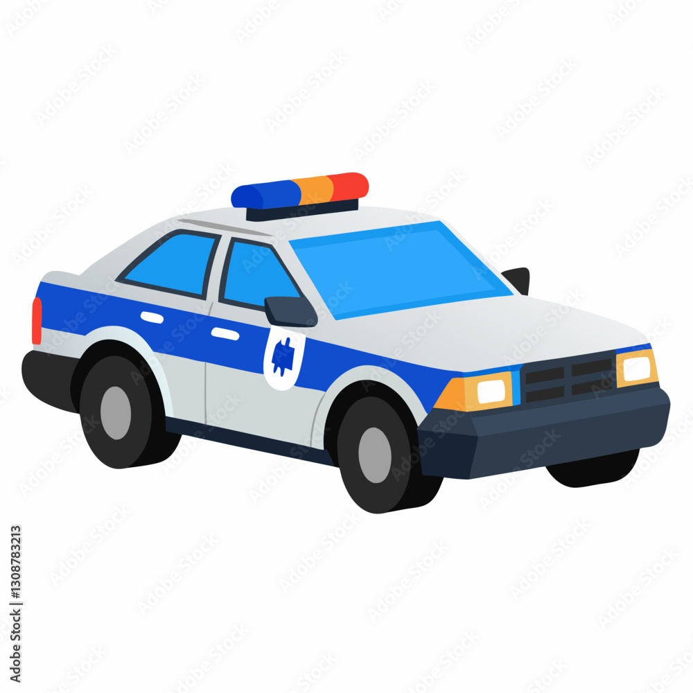 A cartoon illustration of a police car a white sedan with blue accents and flashing lights A cartoon illustration of a police car a white sedan with blue accents and flashing lights