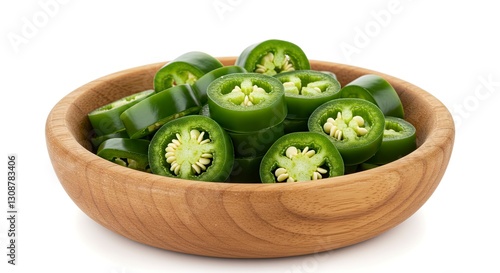 Sliced Green Jalapeno Peppers in a Wooden Bowl Fresh Food Photo