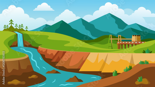 The successful mitigation of erosion and runoff in a former mining site protecting nearby waterways and promoting healthy soil through land. Vector illustration