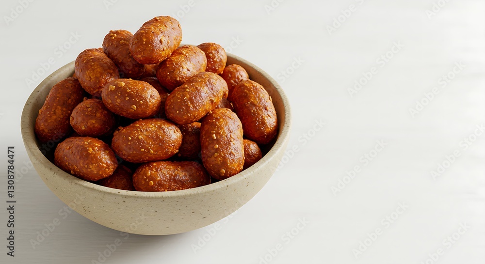 Fototapeta premium A bowl of spicy West African kuli-kuli (peanut snacks), arranged on a white background.