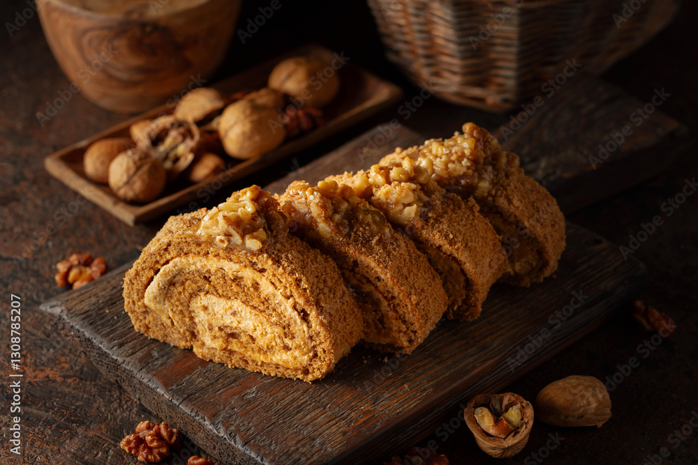 Fototapeta premium Walnut and buttercream roll: a traditional Oriental pastry.