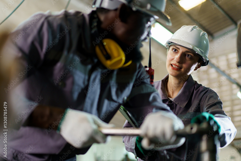 A technicians team working together in factory. A workers inspecting machines A technicians team working together in factory. A workers inspecting machines