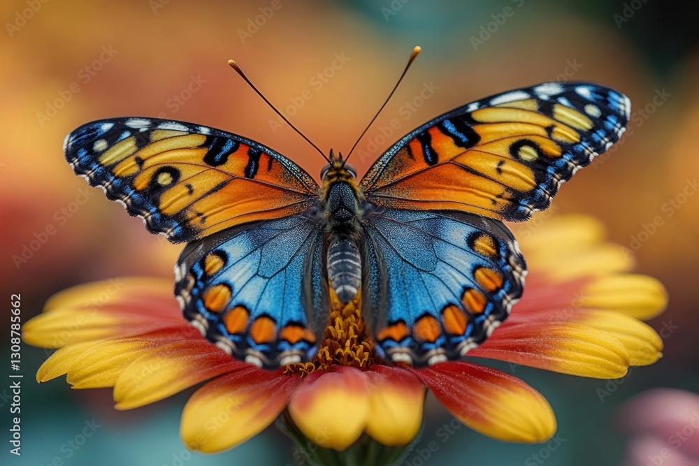 Fototapeta premium Colorful butterfly on vibrant flower, garden setting