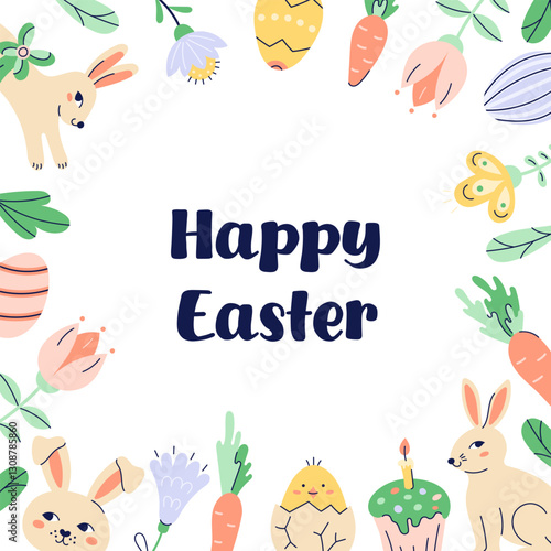 Happy Easter square Frame With Bunnies, chickens and eggs around the perimeter. Happy Easter hand drawn card. Flat illustration with partial outline. Isolated vector illustration.