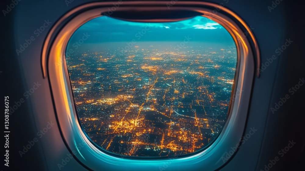 Obraz premium A nighttime view from an aircraft window, showing city lights glowing far below 