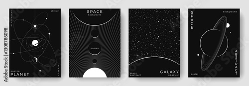 Set of abstract space astronomy backgrounds. Line art simple galaxy, planet, solar system. Black and white science future concept. Cosmic minimal design for cover, poster, banner, flyer, brochure