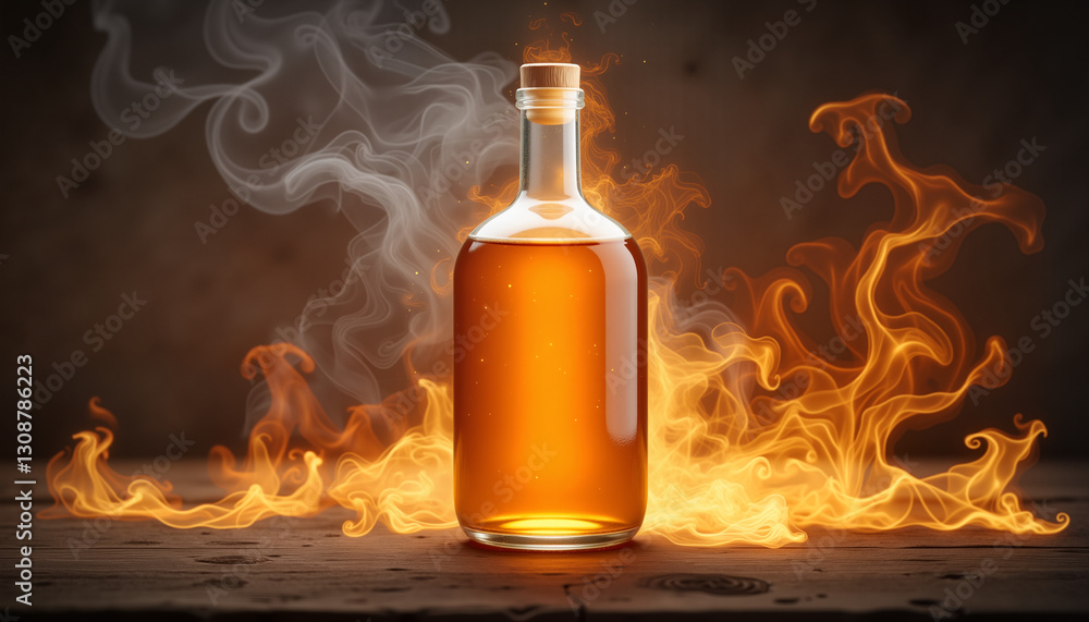Mysterious glass bottle with liquid surrounded by fire and smoke Mysterious glass bottle with liquid surrounded by fire and smoke