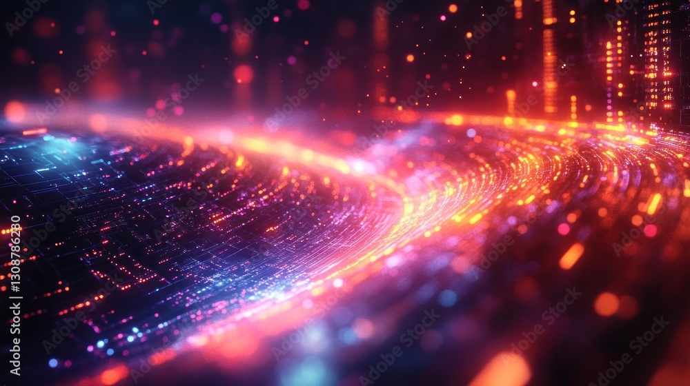 Fototapeta premium Glowing light trails flow across digital landscape with particle background