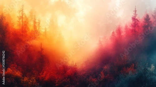 Colorful Autumn Forest Sunrise Mist photo