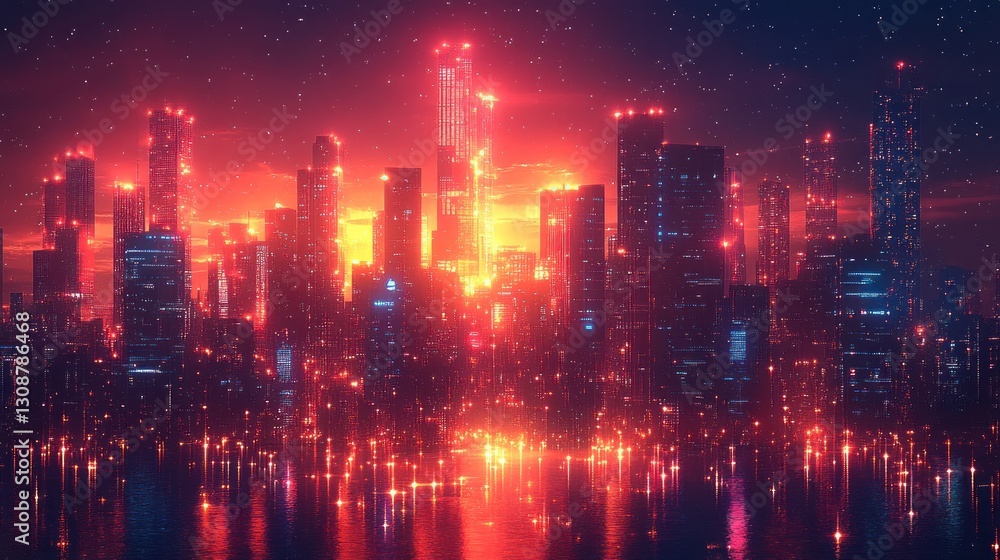 Fototapeta premium Glowing cityscape at night reflected in water with vibrant red sky