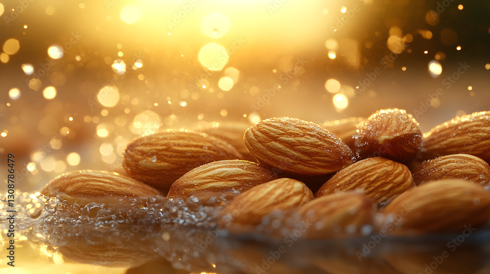 Golden Almonds: A close-up shot of a pile of almonds, capturing their natural texture and form with golden, shimmering bokeh.