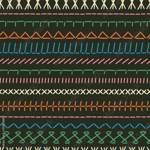 Folk embroidery and textile seamless pattern. Decorative handcraft stitches, line border, textile seam, sewing. Abstract vector surface for fabric, paper, web. Handmade, DIY, hobby concept