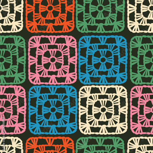 Granny square seamless pattern. Handmade, handcraft square elements. Knitting, crochet, DIY, hobby concept. Retro, Old Fashioned background. Old FashionedCozy blanket texture for textile, paper, web