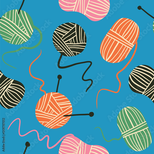 Knitting and crochet seamless pattern. Cute texture with hobby supplies. Thread, needle and yarn balls background for paper, wallpaper, textile, fabric. Handmade, handcraft, DIY, hobby concept