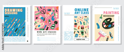 Art and creativity workshop advertising poster or web banner design templates. Drawing, painting  lessons, hobby master class, DIY, handcraft concept. Flat vector tools: palette, brush, pencil, pen