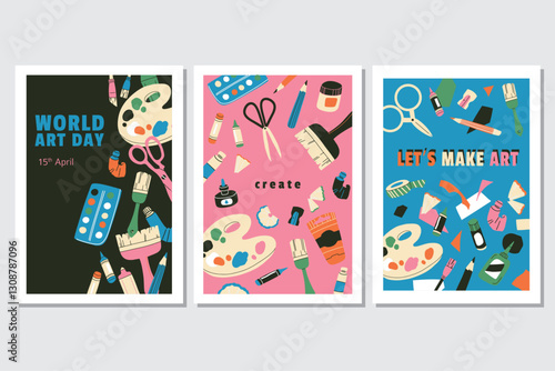 Art and creativity advertising poster, Flyer, Card, Web Banner design templates. World Art Day Celebration. Drawing, painting lesson, hobby master class, DIY workshop, handcraft concept. Flat vector
