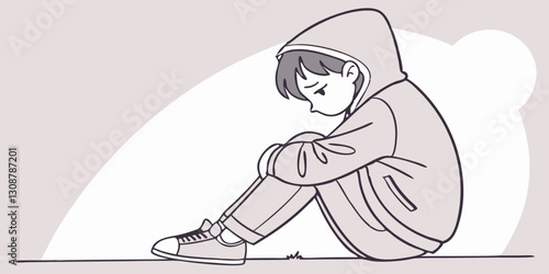 A black-and-white sketch of a child sitting alone, head down in sadness. Perfect for therapy blogs, social issue discussions, and self-help articles.