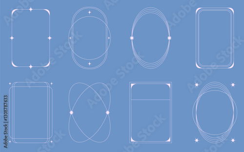 Boho and Art Deco frames collection. Elegant thin linear borders and arches with stars. Abstract geometric decoration template  for logo, postcard, posters, invitations, social media posts and stories