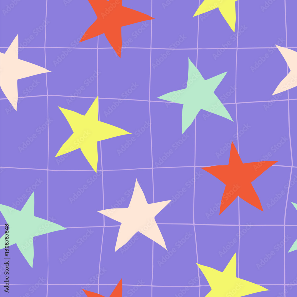 Obraz premium Seamless pattern with stars on checkered purple background. Hand drawn cosmic elements. Simple minimalist vector texture for textile, fabric, paper, party decoration. Night sky, space concept