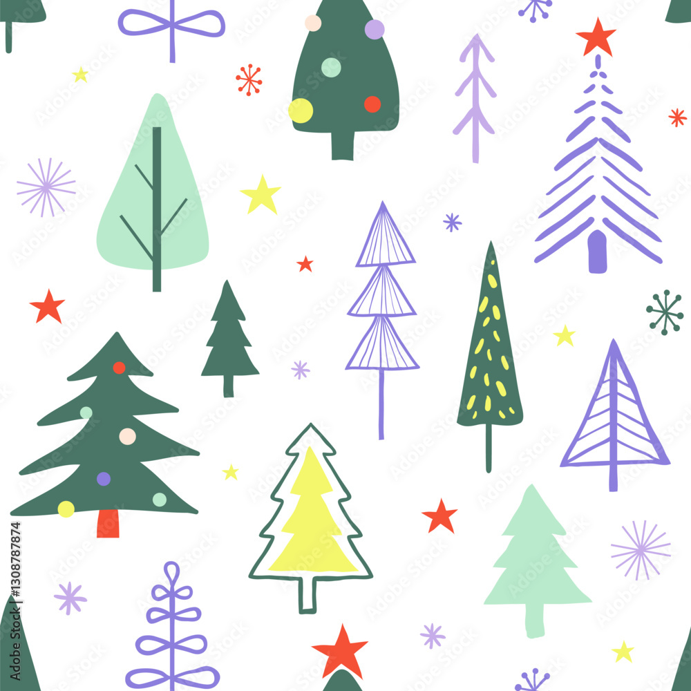 Obraz premium New year seamless pattern with simple primitive doodle christmas trees. Hand drawn winter forest. Funny cartoon background for greeting cards, textile, paper, holiday decoration 