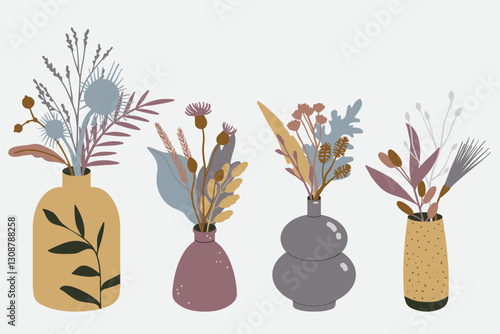 Winter bohemian bouquets: Collection of botanical compositions in vases. Trendy dried wild grass, flowers, leaves, plants. Hand drawn flat illustration. Elegant boho interior floral decor