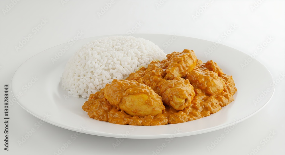 A plate of Malian mafé, peanut butter stew with rice, presented on a white background. A plate of Malian mafé, peanut butter stew with rice, presented on a white background.