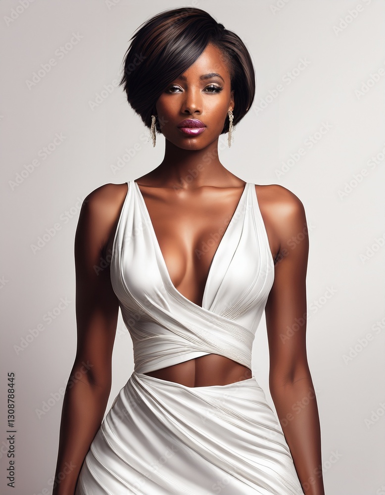 Fototapeta premium studio portrait of a black model wearing a low cut white dress on a white background, fashion photography 