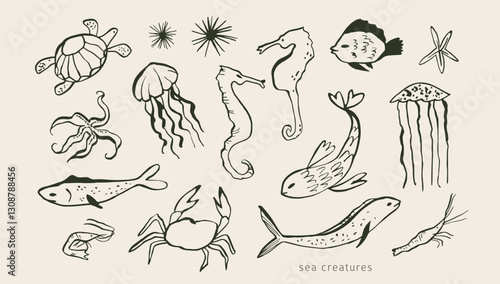 Underwater creatures: fish, crab, starfish, shrimp, seahorse. Modern wild life doodles. Simple outline ink sketches.Hand drawn sea, ocean creatures. Isolated vector elements. Naive childish style