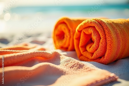 Orange towels on white sand, a tranquil beach scene evoking calm and simplicity.