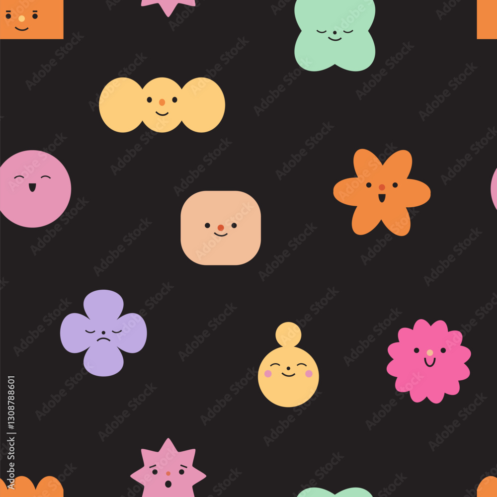 Seamless pattern with abstract geometric characters. Different emotions and feelings. Cartoon cute comic shapes with face expressions. Texture with childish flat vector illustrations on black Seamless pattern with abstract geometric characters. Different emotions and feelings. Cartoon cute comic shapes with face expressions. Texture with childish flat vector illustrations on black