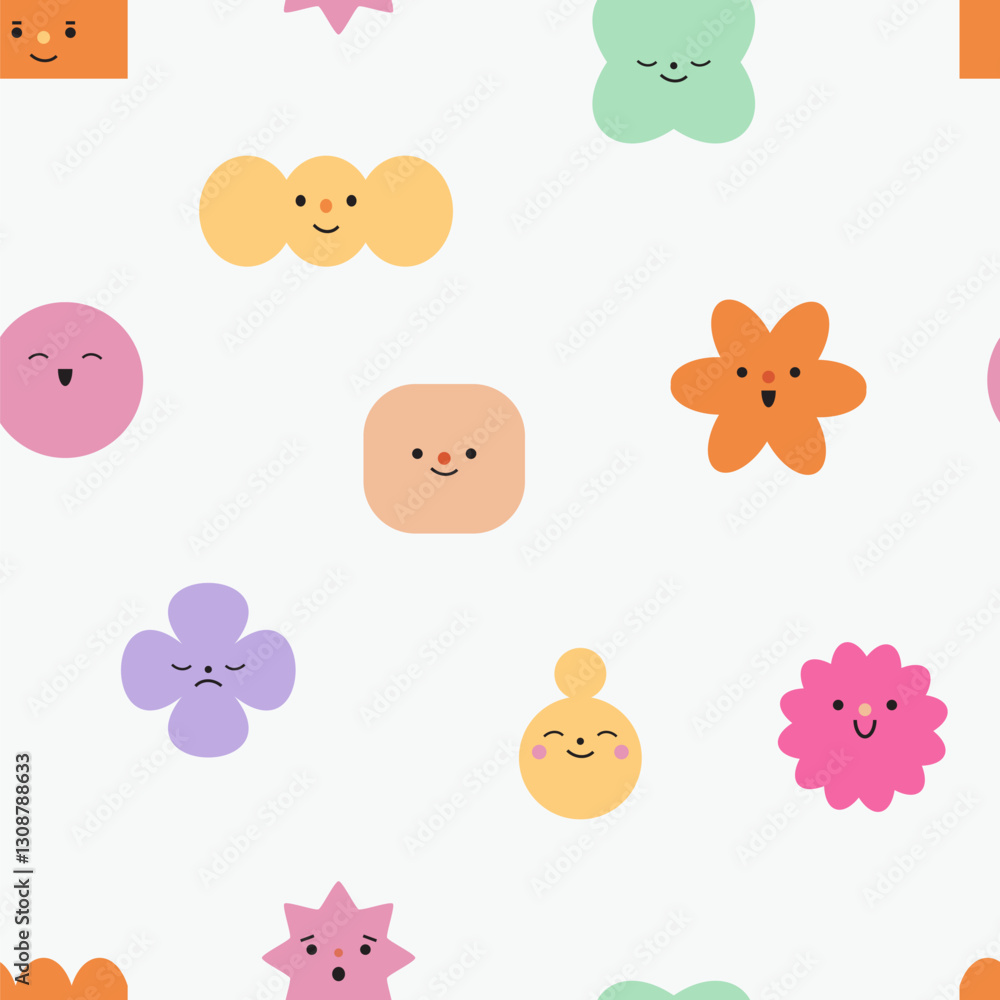 Fototapeta premium Seamless pattern with abstract geometric characters. Different emotions and feelings. Cartoon cute comic shapes with face expressions. Texture with childish flat vector illustrations on black