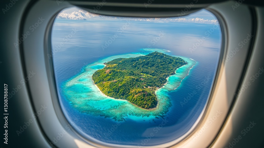 A tropical island and turquoise ocean viewed from an aircraft window during descent A tropical island and turquoise ocean viewed from an aircraft window during descent