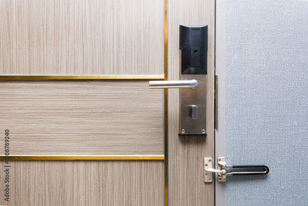 closeup hotel door locking system for privacy safety room double lock with touch keycard to unlock
