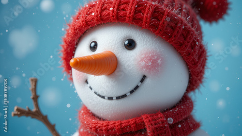 Smiling snowman with a red hat and scarf against a blue background.