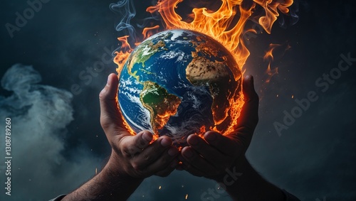 Hands holding a burning globe, symbolizing urgency, environmental crisis, and global responsibility