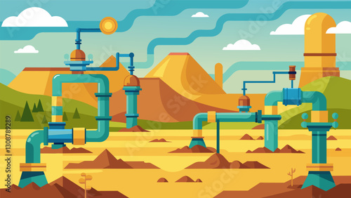 The swaths of land covered in pipes and pumps appear like a mechanical organism pumping the earth for its resources.. Vector illustration