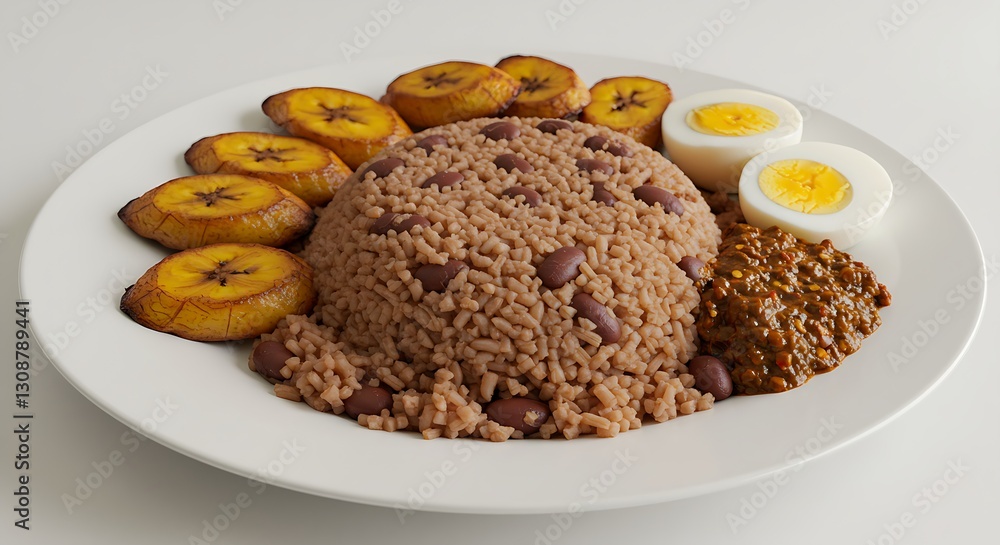 A plate of Ghanaian waakye with fried plantains, shito sauce, and boiled eggs, on white. A plate of Ghanaian waakye with fried plantains, shito sauce, and boiled eggs, on white.