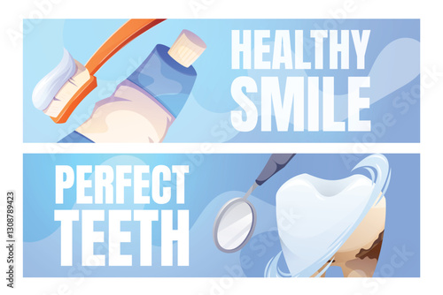 Dental care, oral hygiene concept. Toothbrush with toothpaste, dental mirror inspecting healthy tooth. Dentistry, teeth cleaning, and treatment for a perfect smile. Two vector cartoon banner templates