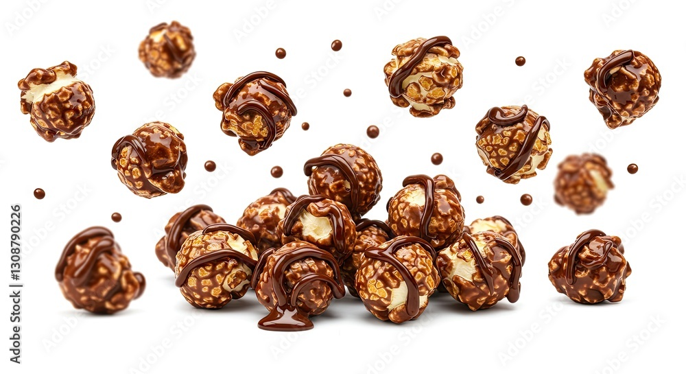Chocolate Drizzled Popcorn Piled and Floating on White Background, Sweet Treat Chocolate Drizzled Popcorn Piled and Floating on White Background, Sweet Treat