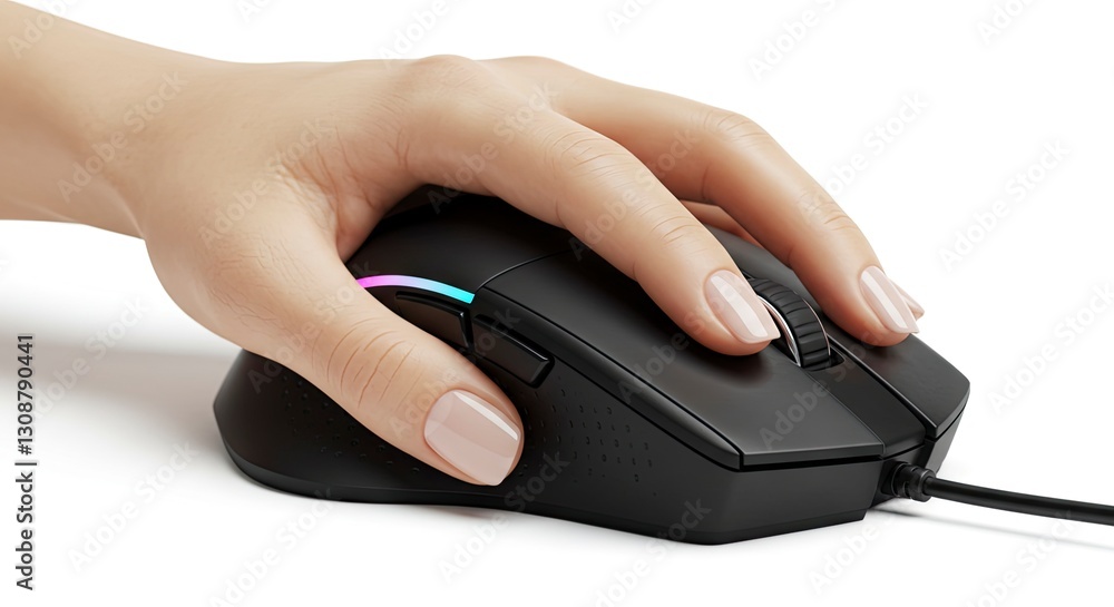 Hand Using Black Gaming Mouse for Computer on White Background Hand Using Black Gaming Mouse for Computer on White Background