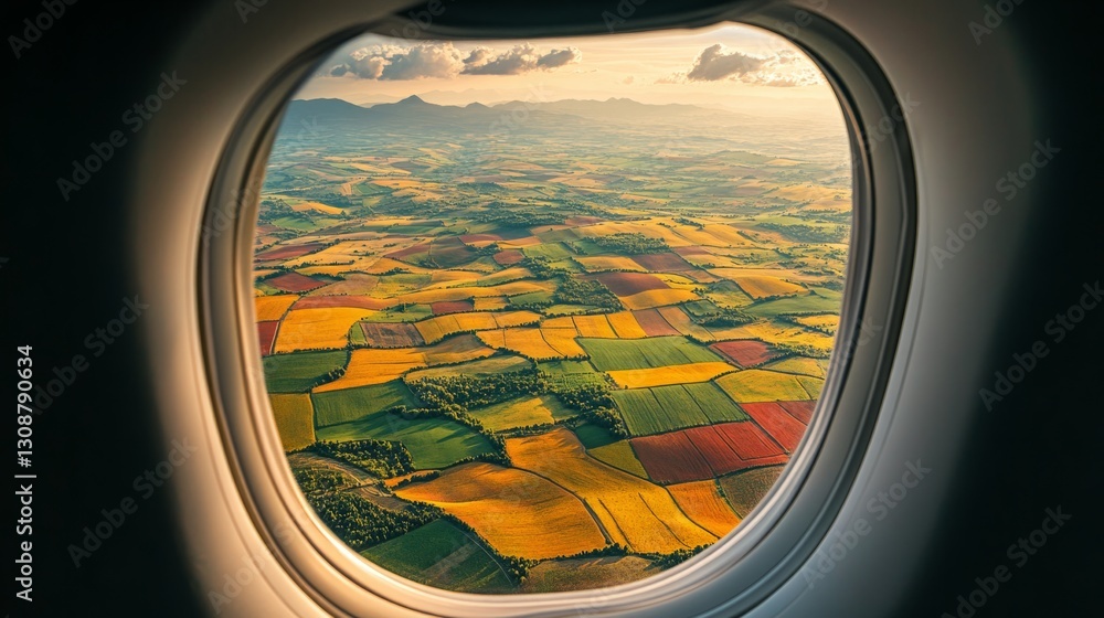 An aircraft window view of an endless stretch of farmland, with patchwork fields in various colors An aircraft window view of an endless stretch of farmland, with patchwork fields in various colors