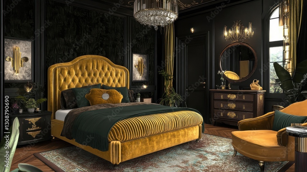 A luxurious and elegant bedroom with ornate furniture and design details A luxurious and elegant bedroom with ornate furniture and design details