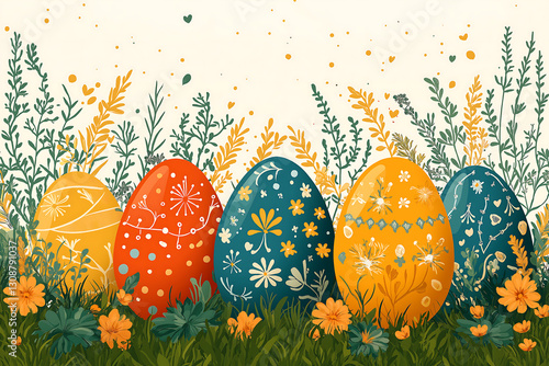 easter banner with easter eggs, illustration style, generative ai
