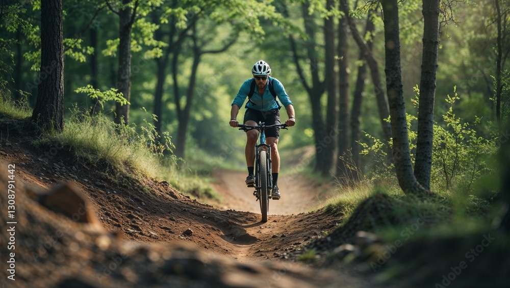 Cyclist speeding through forest trail, outdoor adventure, nature and freedom Cyclist speeding through forest trail, outdoor adventure, nature and freedom